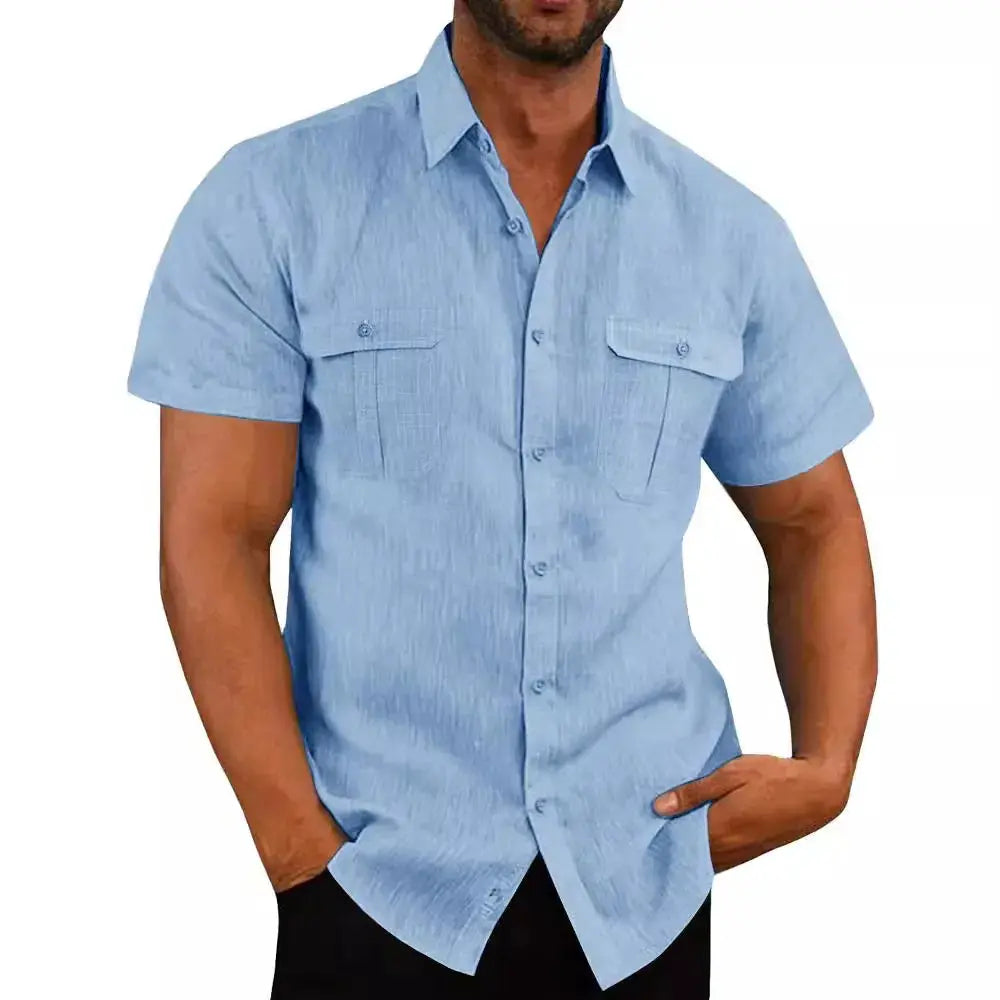 Men's light-blue short-sleeve shirt with double chest pockets, cotton-linen blend, slim fit