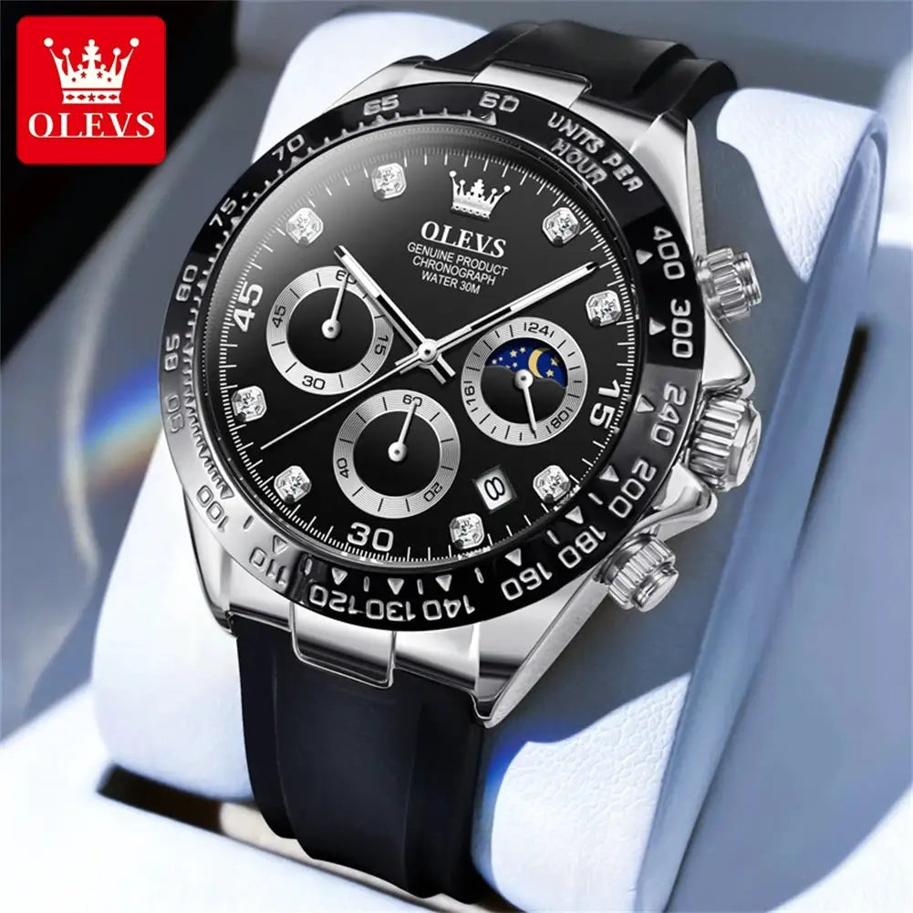 OLEVS 2875 men’s luxury quartz watch with black dial, moon phase subdial, silicone strap.