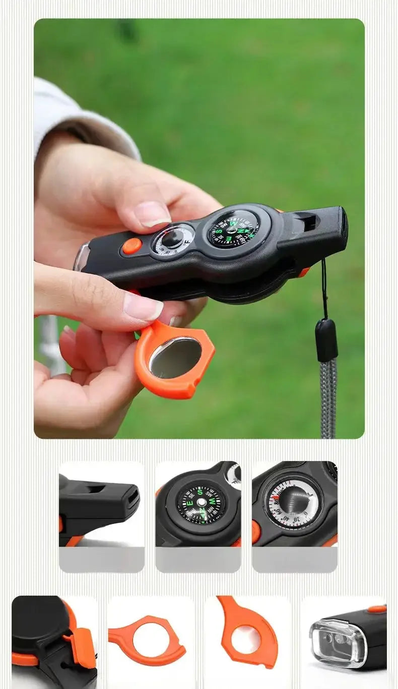 Simples Market Outdoor Camping 7-in-1 survival whistle with compass and mirror, black with orange clip