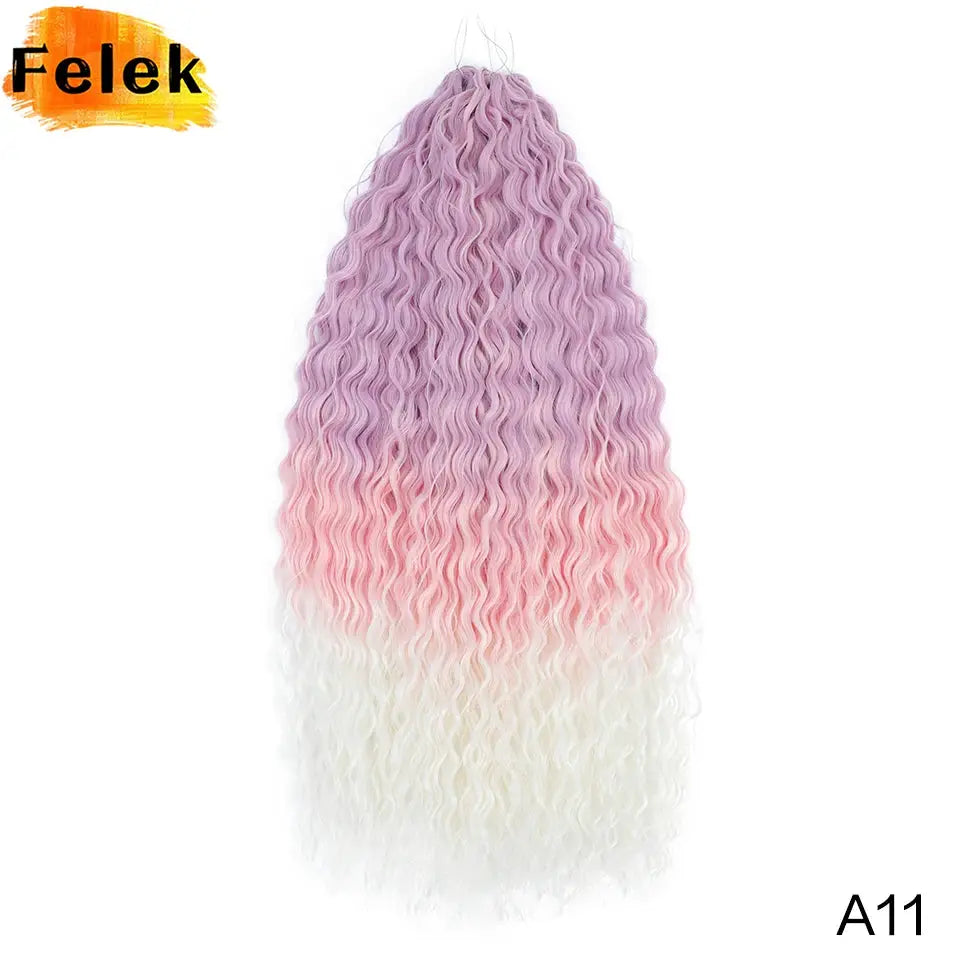 Ariel Curls crochet hair extensions with water wave curls, ombre purple to pink to white; Felek logo