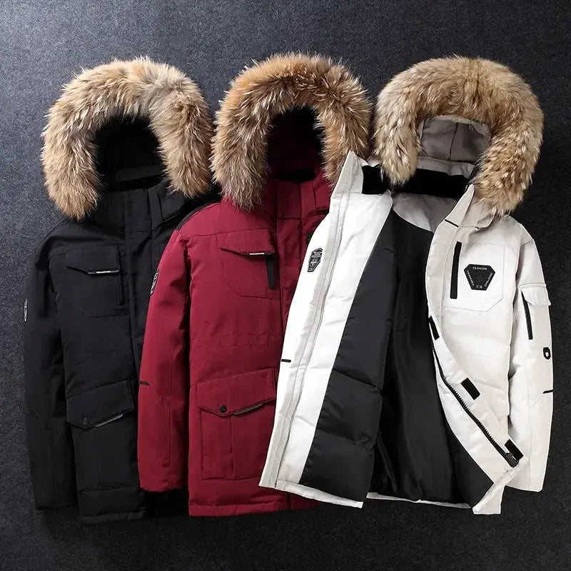 Men's thermal down jackets set in black, burgundy, and white with fur-trimmed hoods (3-pack).