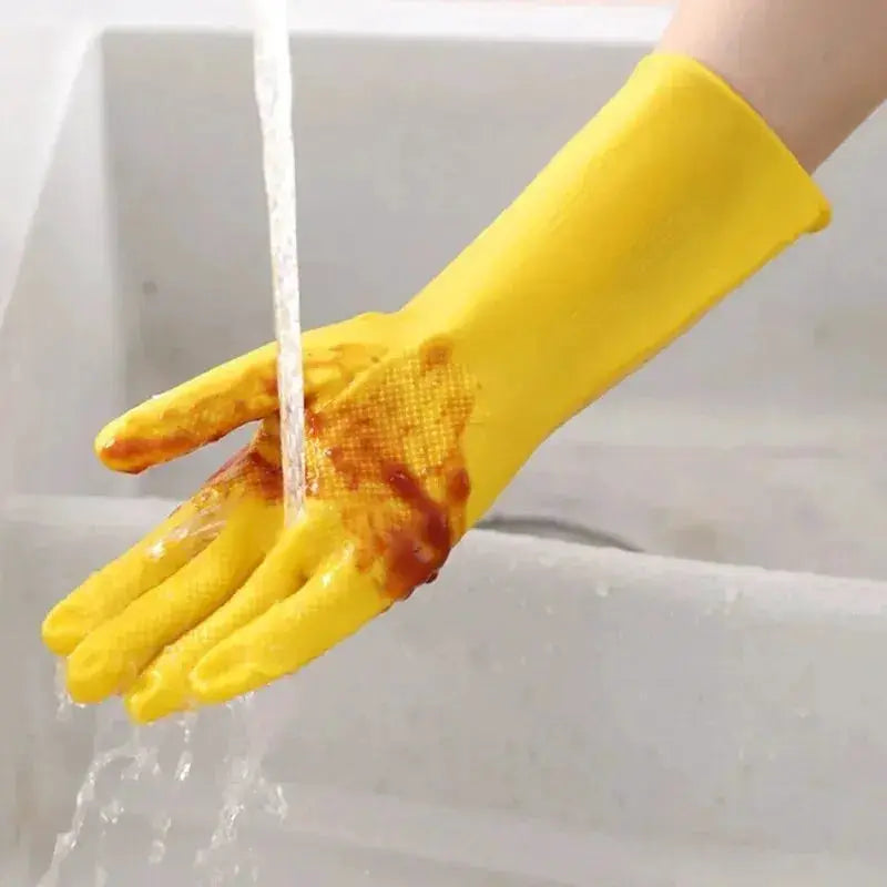 Latex dishwashing gloves by Simples Market, yellow waterproof kitchen gloves under running water