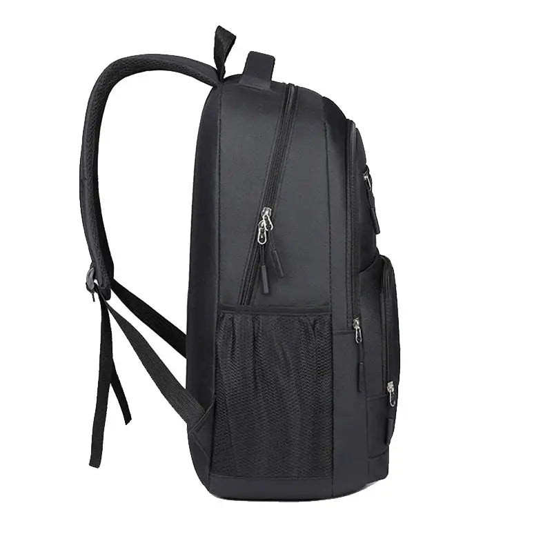 Men's minimalist rucksack, black nylon backpack with multiple storage pockets and a side mesh pocket, Simples Market.