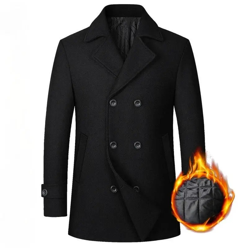 Men's black double-breasted wool coat, long winter overcoat
