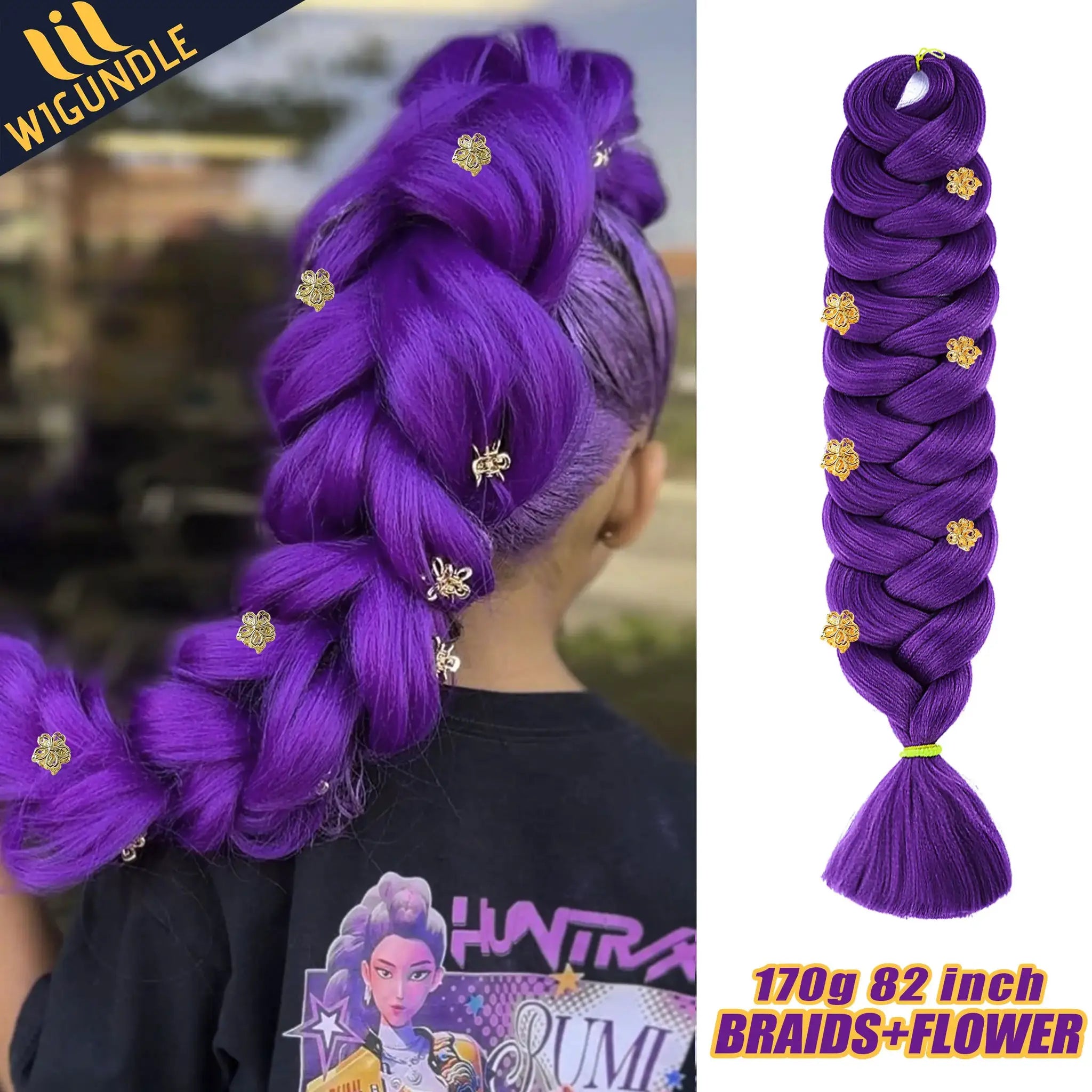 Kanekalon jumbo braiding hair bundles in purple with gold flower charms, 82-inch pre-stretched 165g