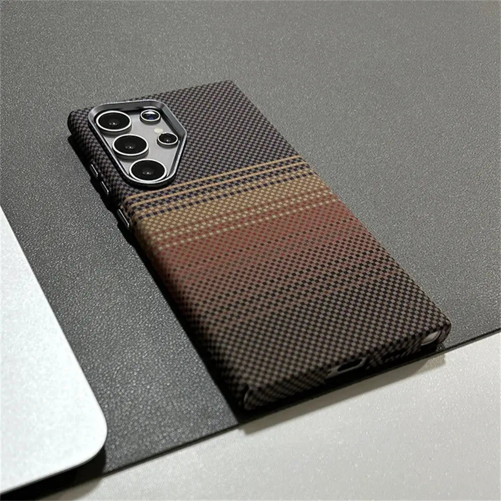 Samsung Galaxy MagSafe case with brown carbon fiber pattern, shockproof PC cover by Simples Market