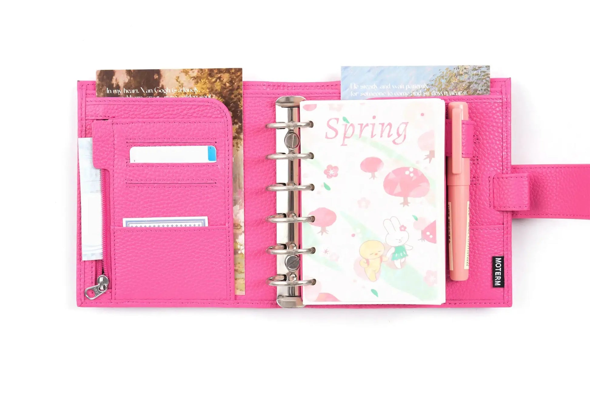 Moterm Luxe 2.0 pink pebble-grain pocket planner with 30mm rings, open binder with card slots and pink pen