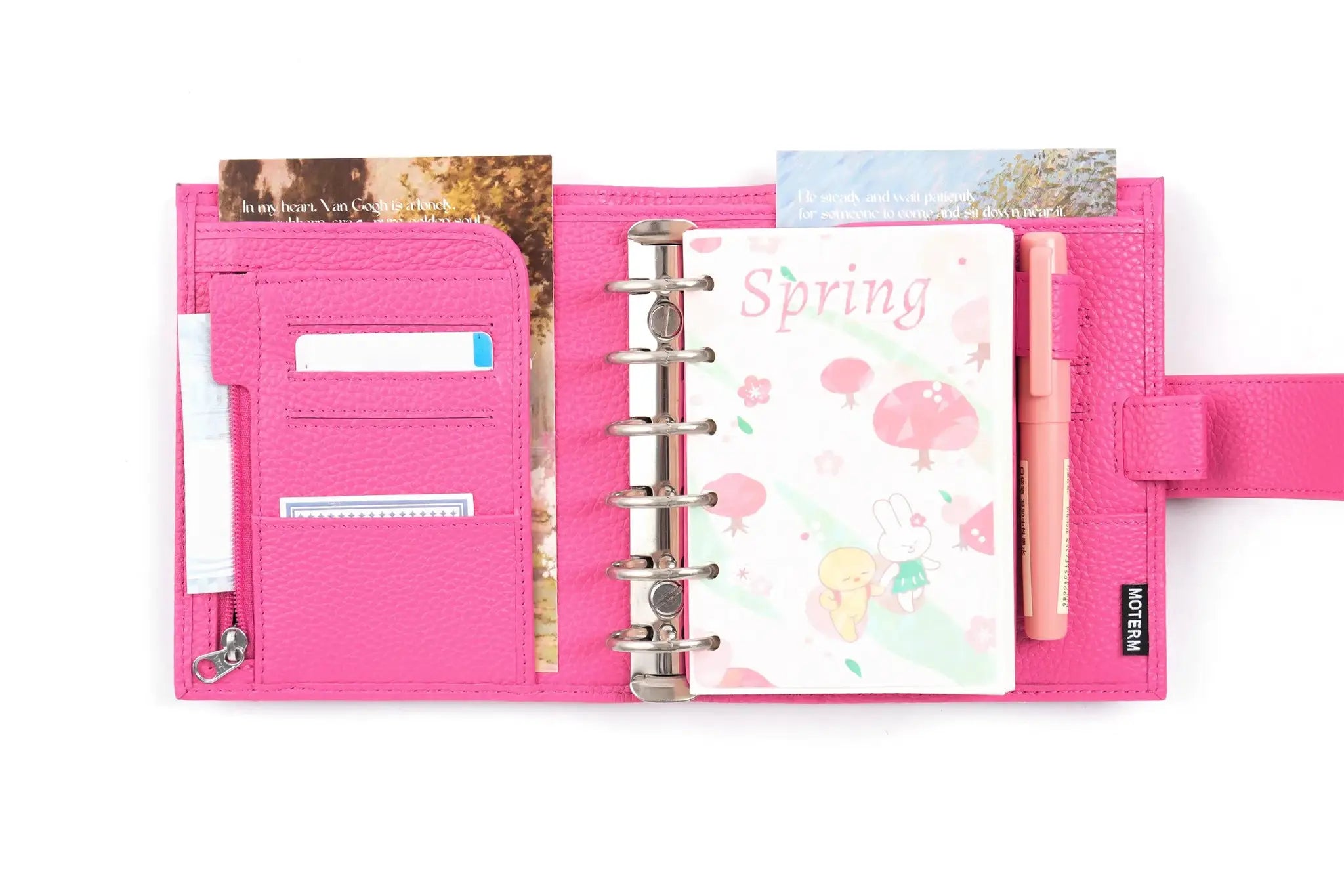 Moterm Luxe 2.0 pink pebble-grain pocket planner with 30mm rings, open binder with card slots and pink pen