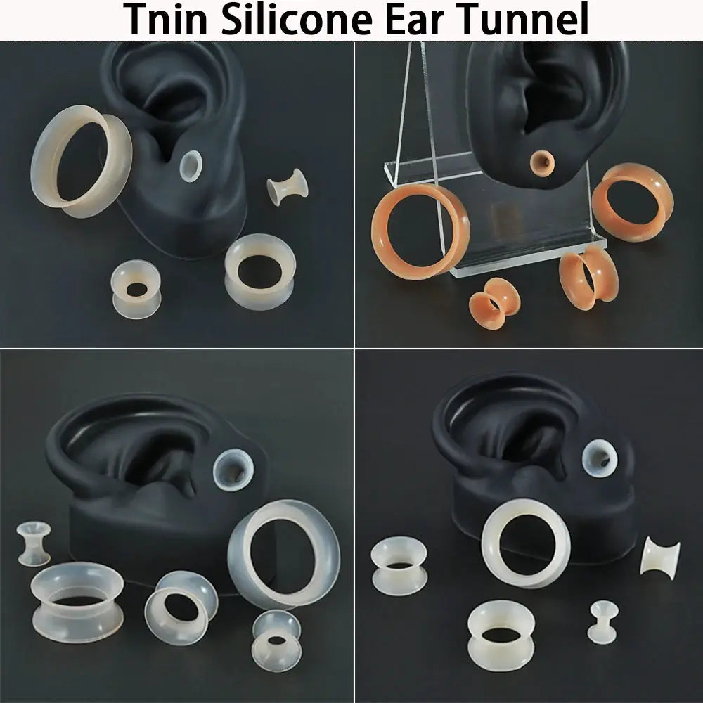 Simples Market silicone ear tunnels set; thin, soft flesh tunnels with double-flare in skin-tone and white hues.