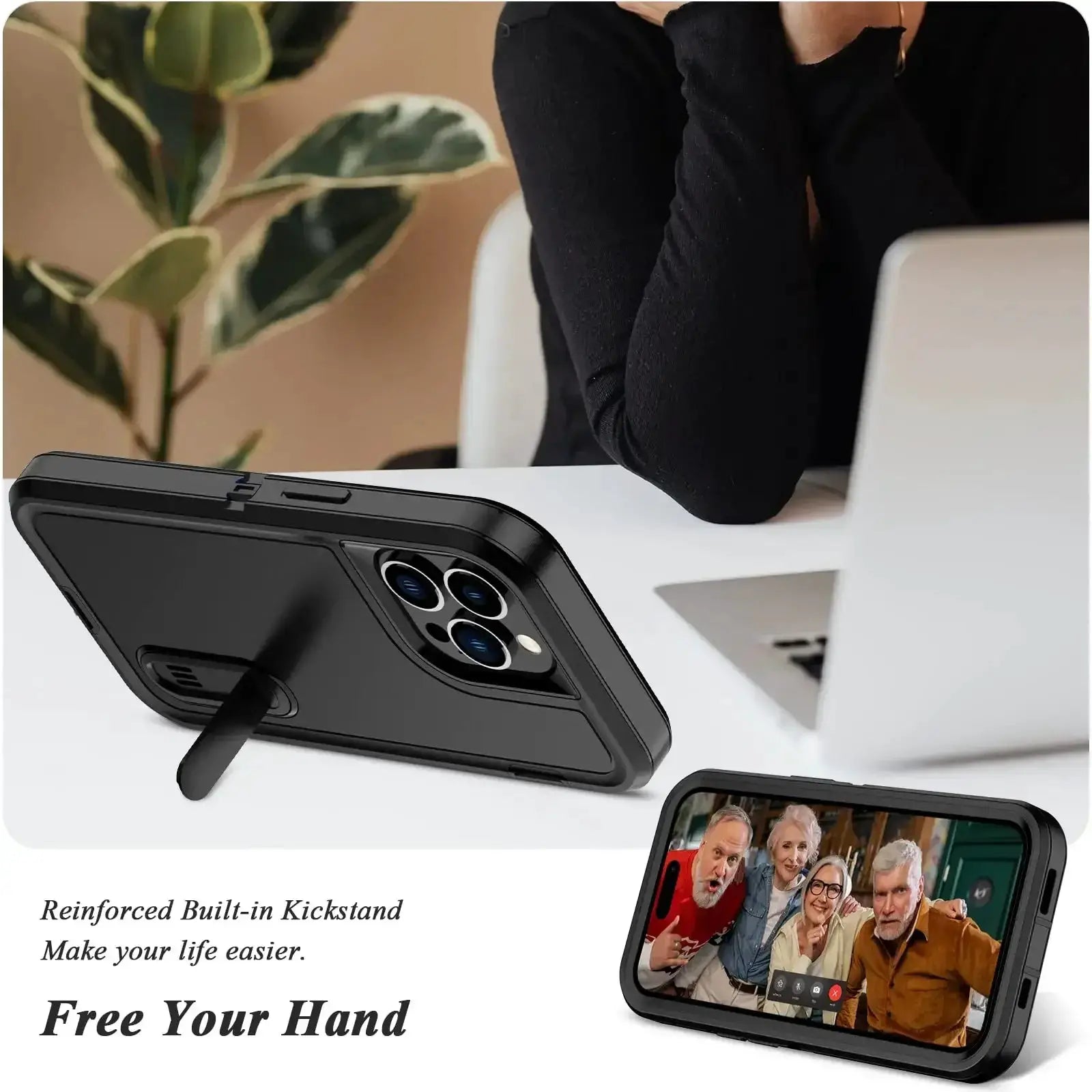Rugged black iPhone cases with built-in kickstands by Simples Market; heavy-duty anti-scratch protection.