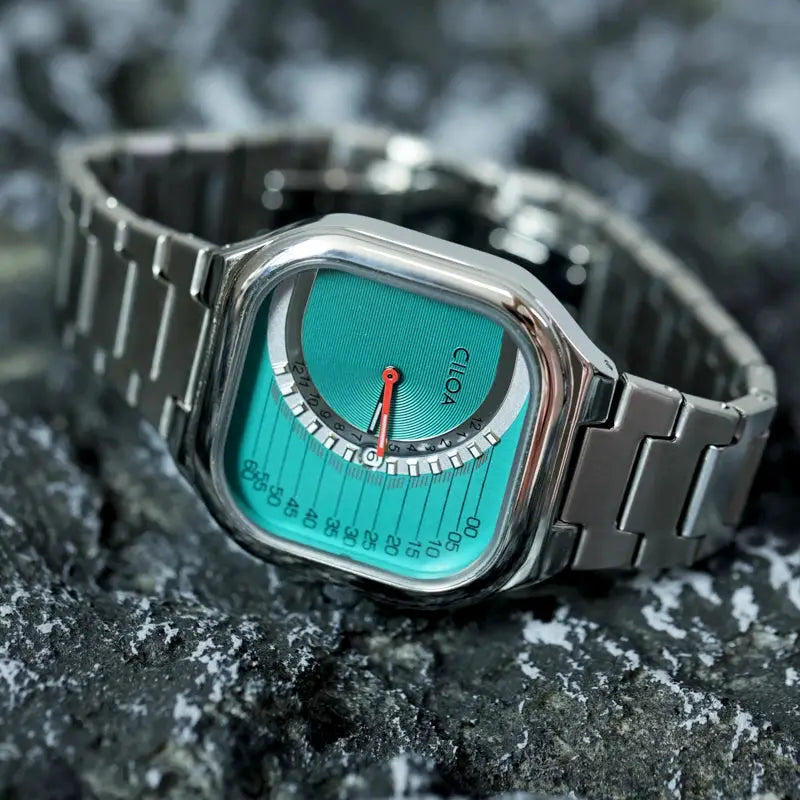 CILOA retro square men's watch with teal dial and stainless steel band, waterproof quartz
