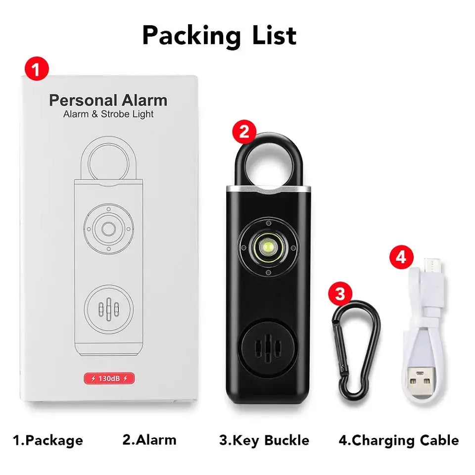 Simples Market Hollarm personal alarm with 130dB siren and LED light; 4-item set with alarm, carabiner, charging cable