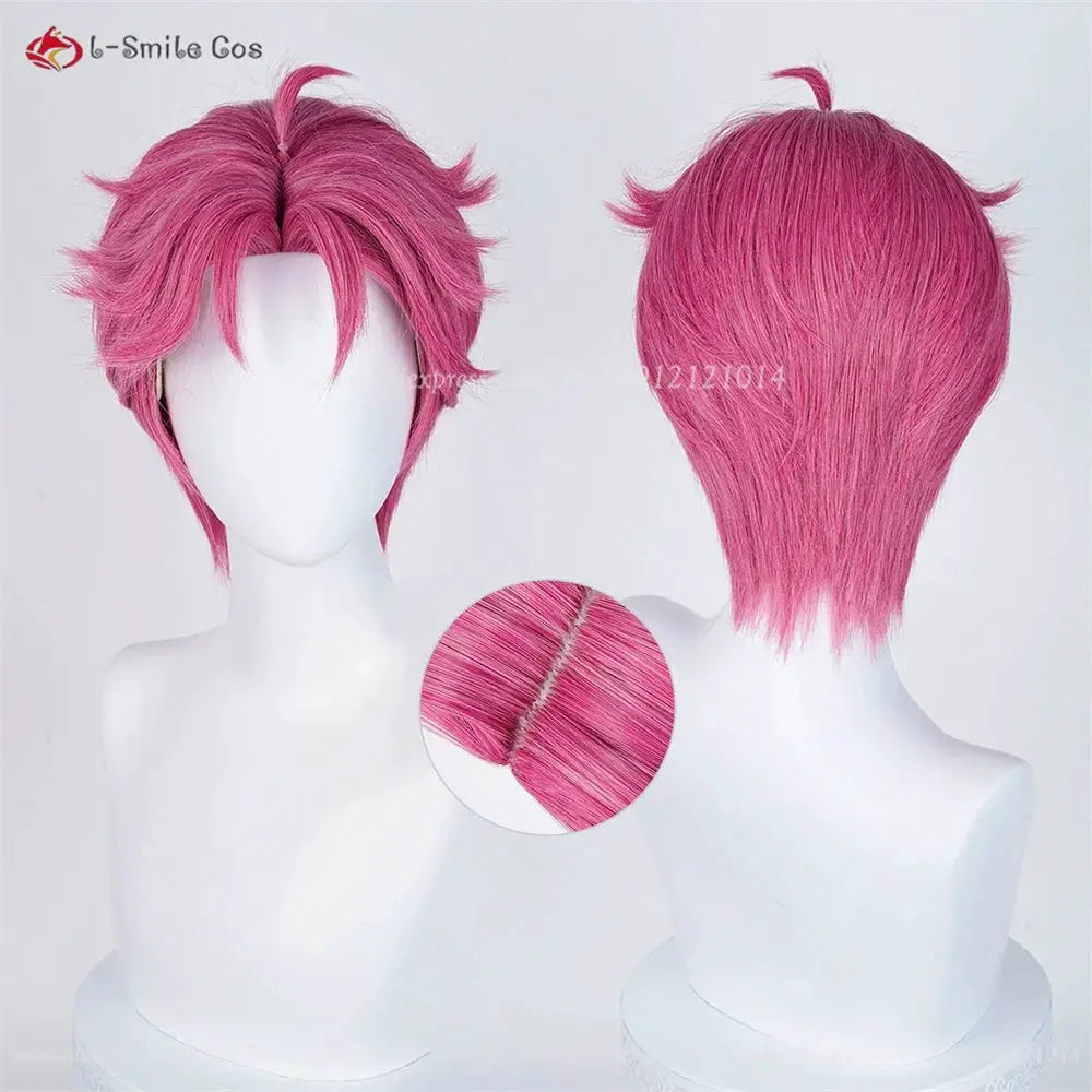 Anime cosplay wig by Simples Market in bright pink, heat-resistant synthetic hair with a short layered bob.