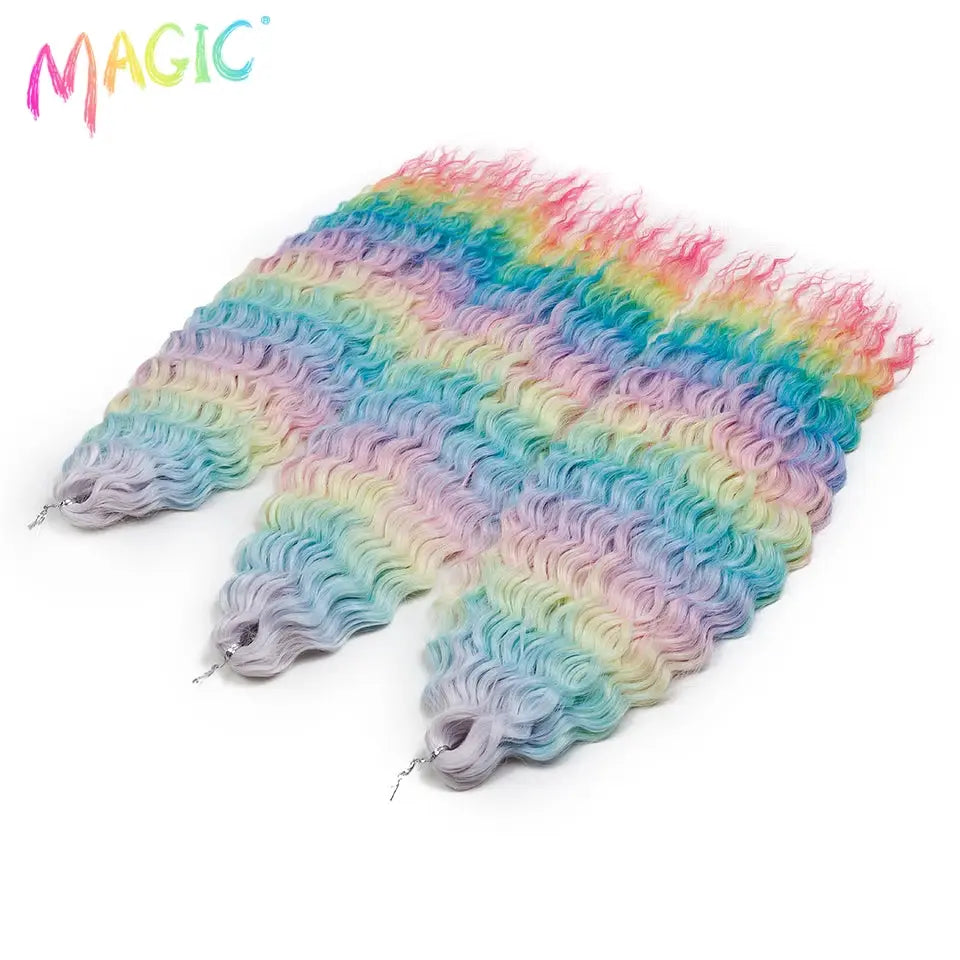 Magic Ariel Curl crochet hair set of 3 in ombre pastel rainbow water wave, 22in synthetic braids