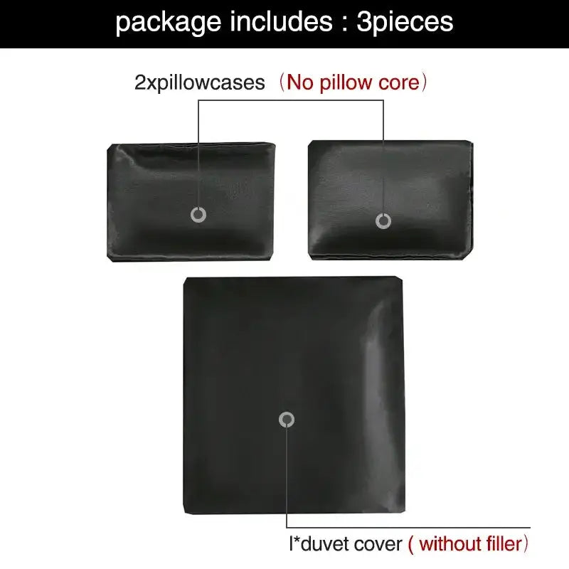 Satin Duvet Cover Set, black, 3-piece queen size with 2 pillowcases and a duvet cover