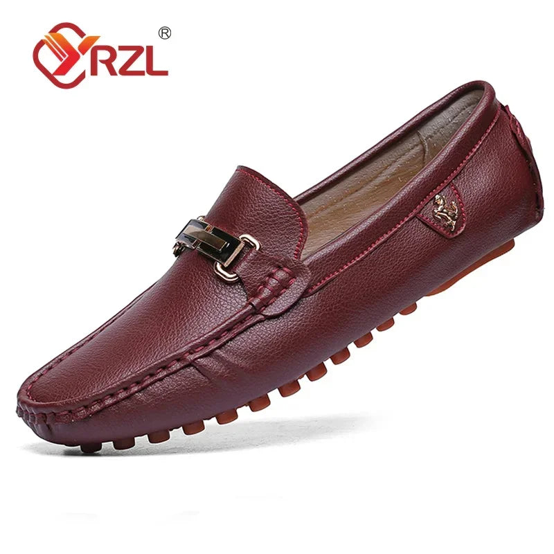 YRZL men's burgundy PU leather loafer with metal bit, driving moccasin-style slip-on