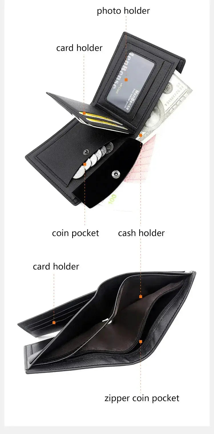 Simples Market black PU leather bifold wallet with zipper coin pocket, card slots, cash compartment