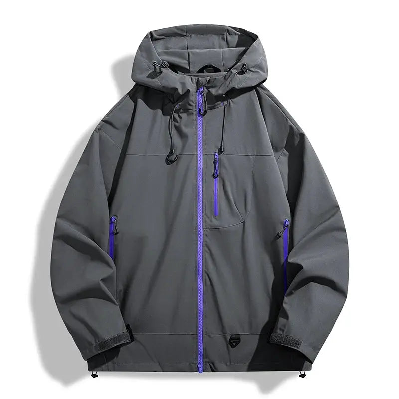 JNLN unisex waterproof windbreaker jacket, gray with purple zippers and hood