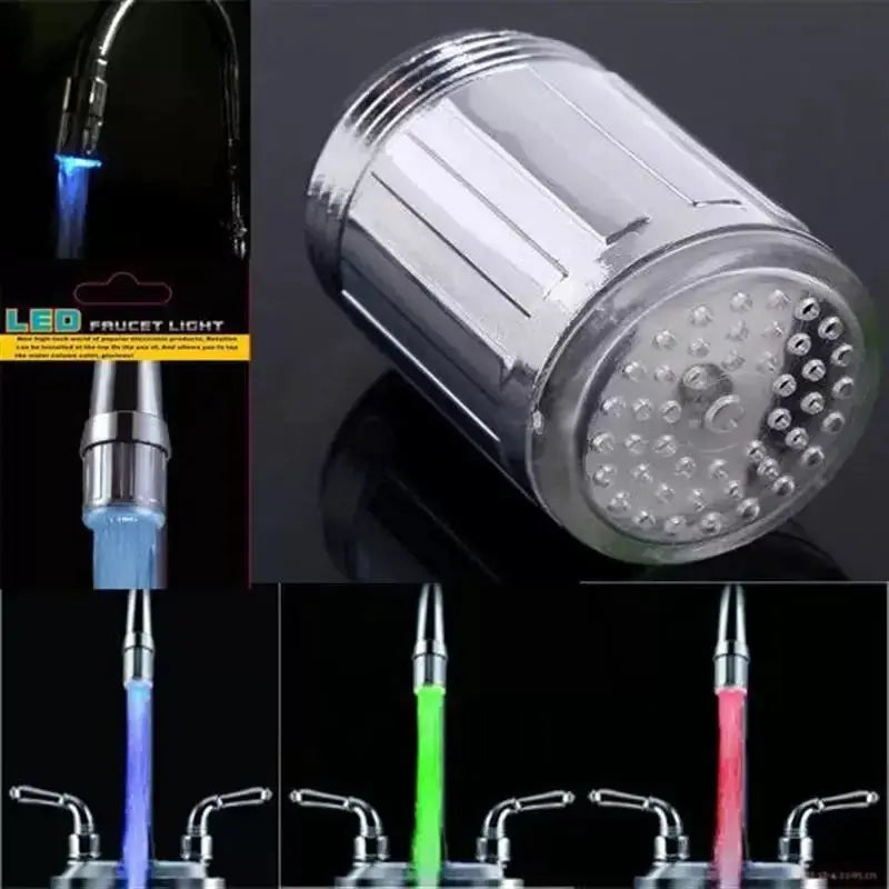 LED faucet head glow aerator by Simples Market; chrome finish with 3-color changing LED streams in blue, green and pink