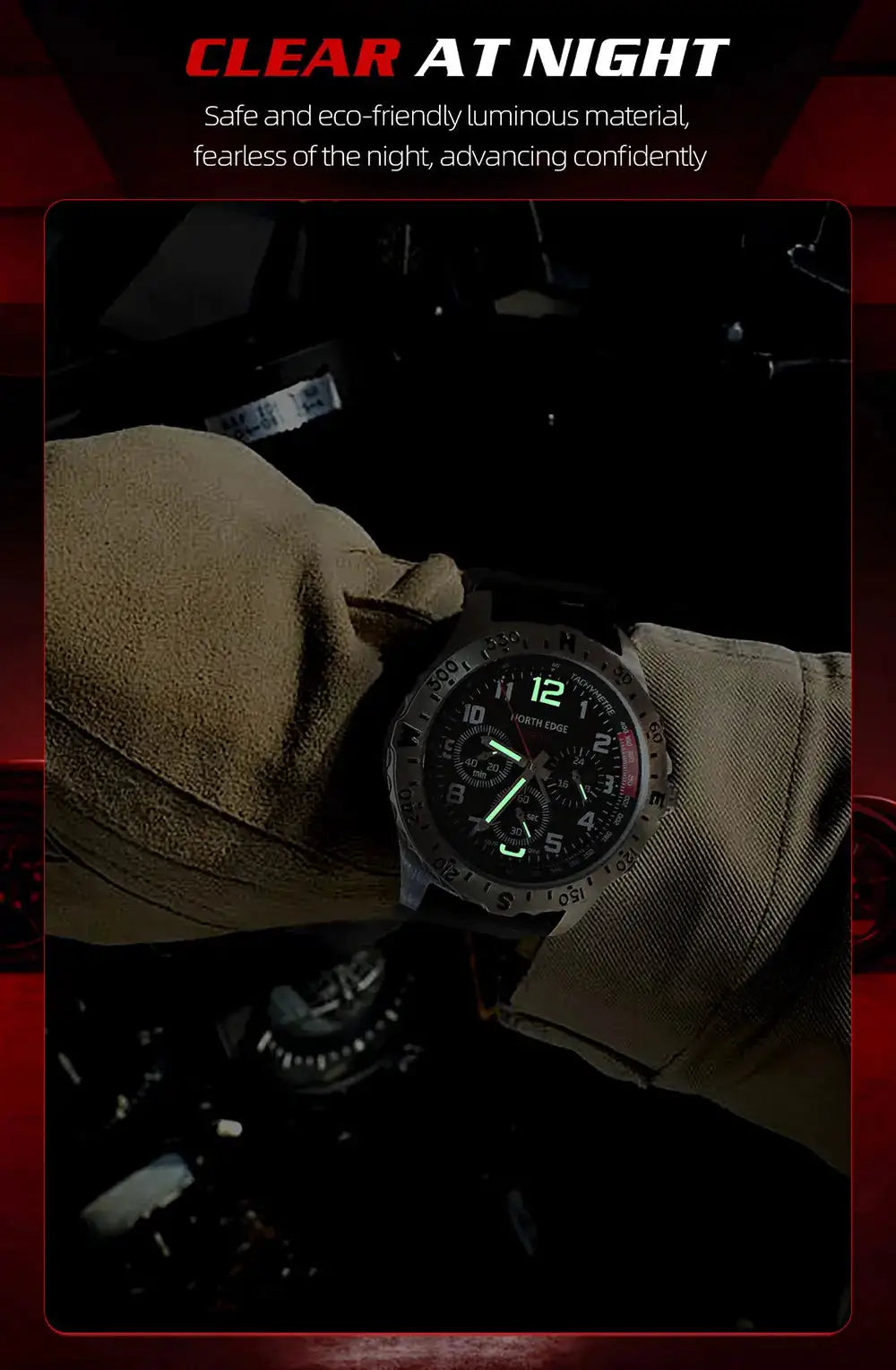 NORTH EDGE MACH 2 men's watch with 316 stainless steel case, pilot bezel, and luminous green numerals