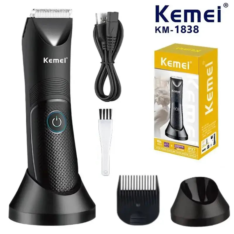 Kemei KM-1838 cordless grooming trimmer; black body hair trimmer with ceramic blade, waterproof, with stand and extras.
