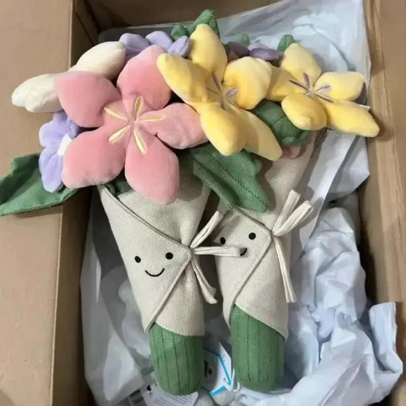 Holding flowers plush bouquet by Simples Market; pair of pastel pink, yellow, and purple blossoms in beige wraps.