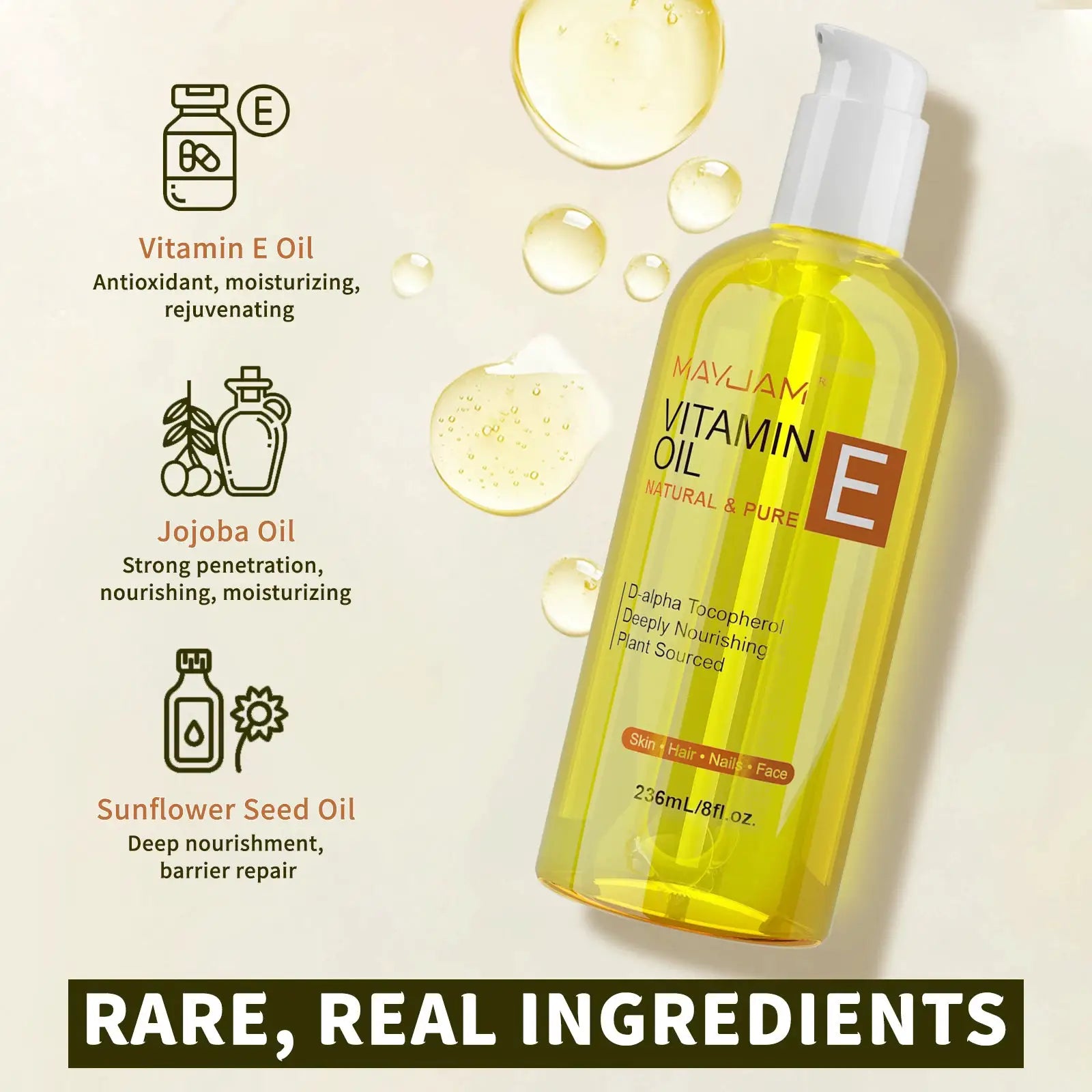 MAYJAM Natural And Pure Vitamin E Oil For Skin And Hair Moisturizing Brightening And Nourishing 118ml 236ml