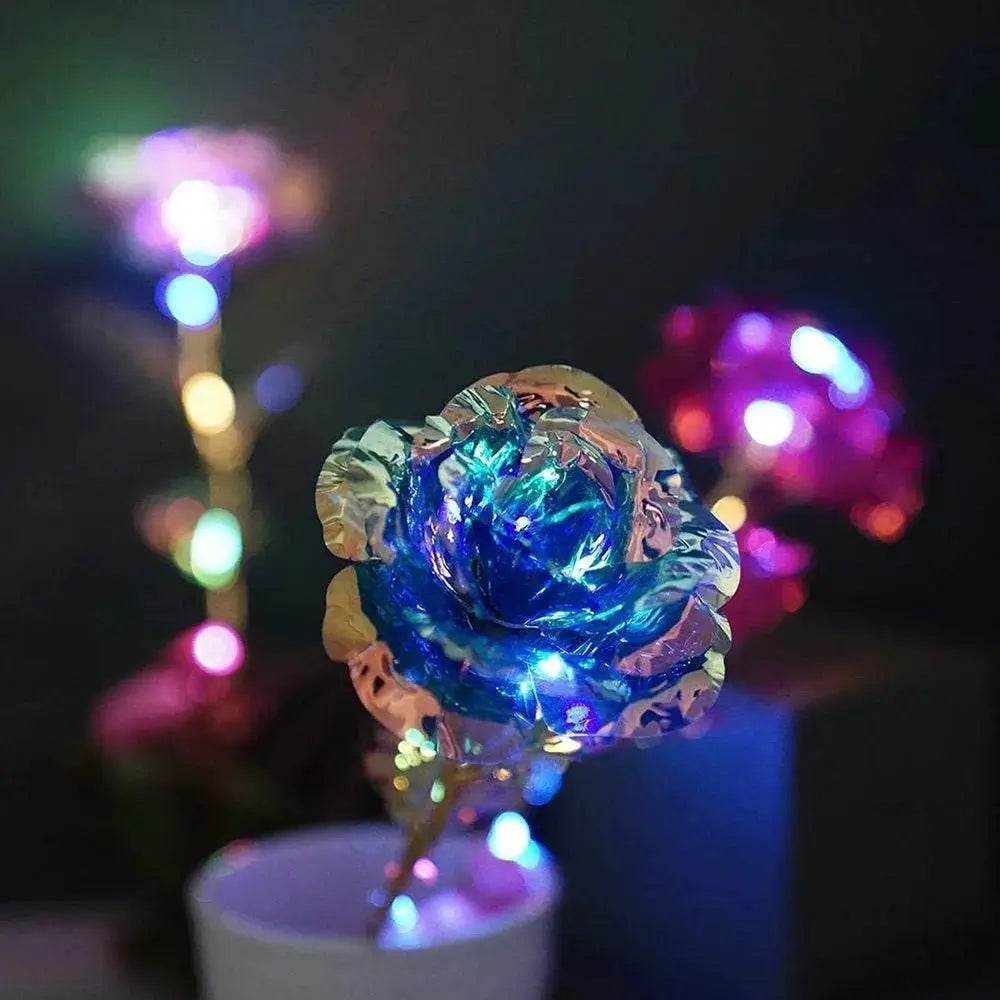 LED blue foil-plated rose with embedded multicolor lights for gifting decor