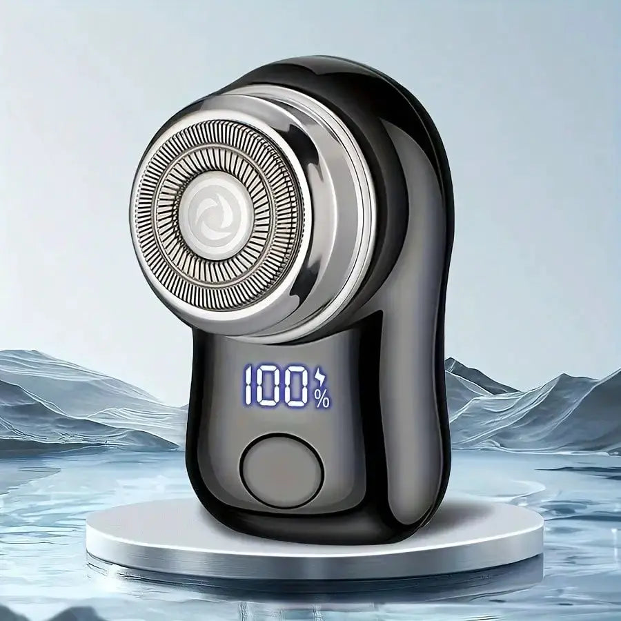 Rechargeable electric shaver for men with digital display, cordless compact foil shaver in silver and black.