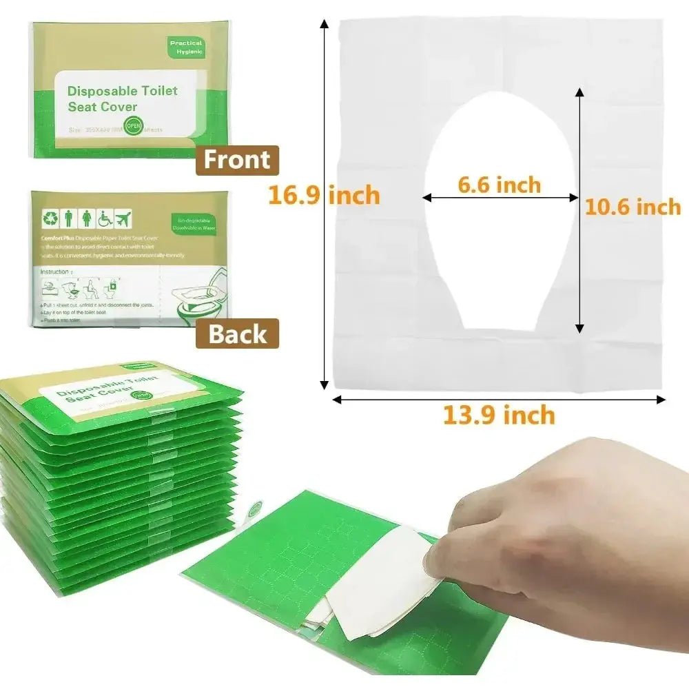 Disposable toilet seat covers by Simples Market, 50/30/10 pcs, green waterproof soluble paper for travel bathrooms.