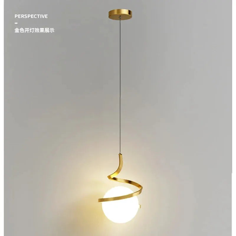 Nordic gold spiral pendant light with white globe for living room and dining area