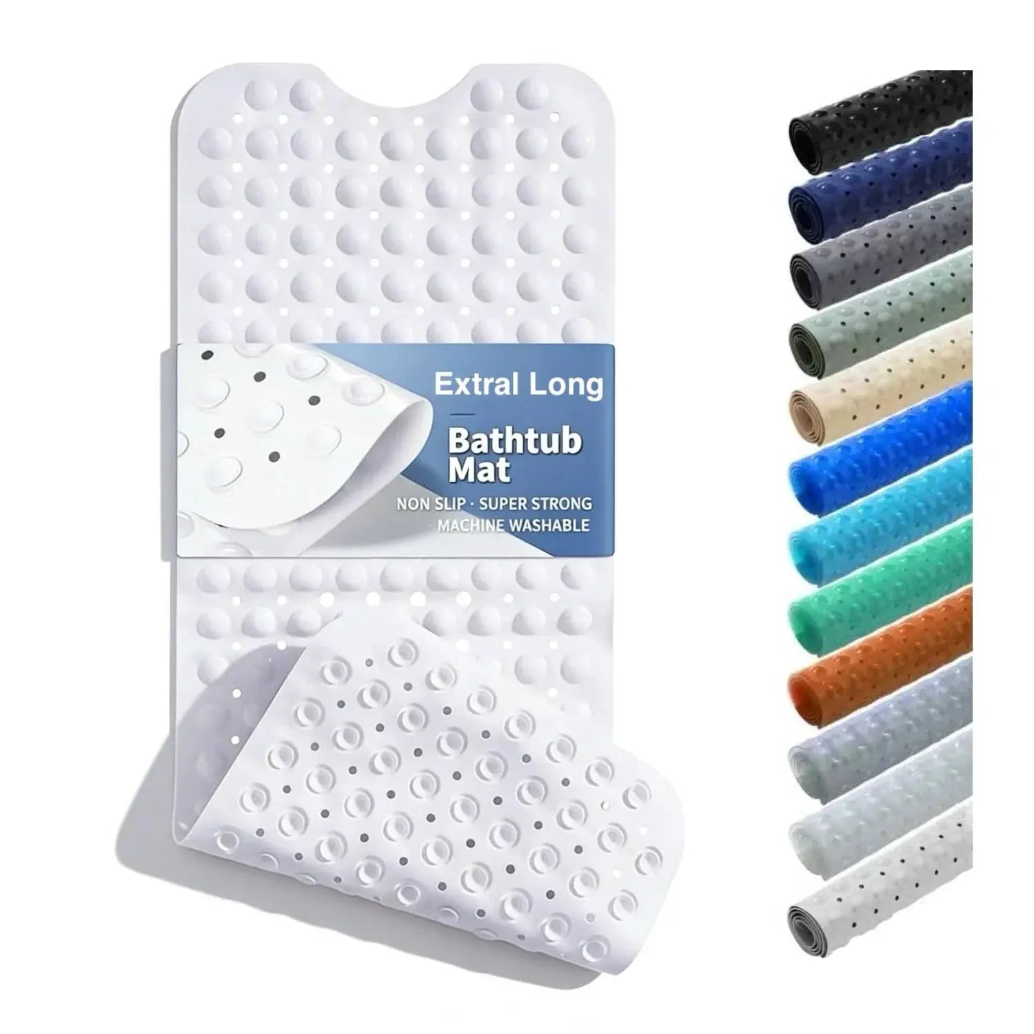Bathtub mat 40x16 inches, extra-long non-slip with drain holes and suction cups, white; color options rolled beside