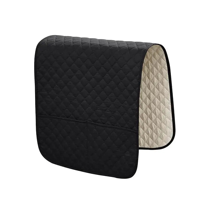 Sofa armrest cover with pockets, black quilted water-repellent slipcover for remote and cellphone storage.