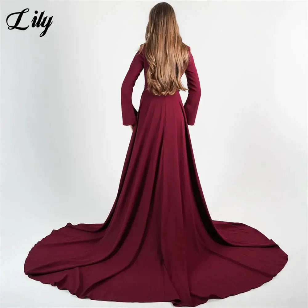 Lily Burgundy Satin Mermaid Prom Dress With High Neck Sleeves Dubai