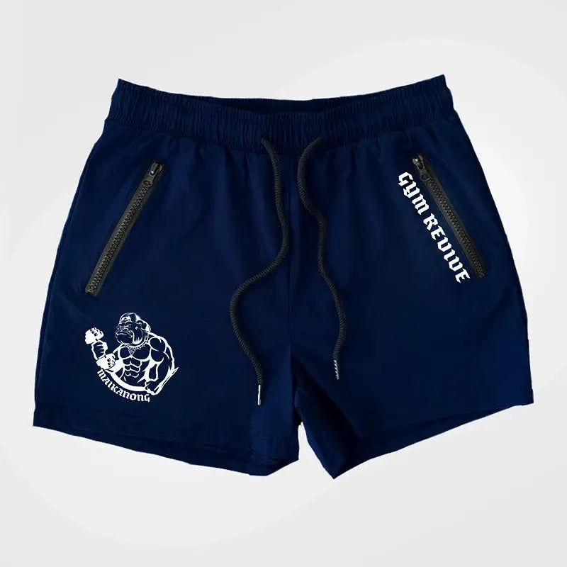 Men's navy blue quick-dry gym shorts with side zip pockets and drawstring, Simples Market brand, left-leg graphic.