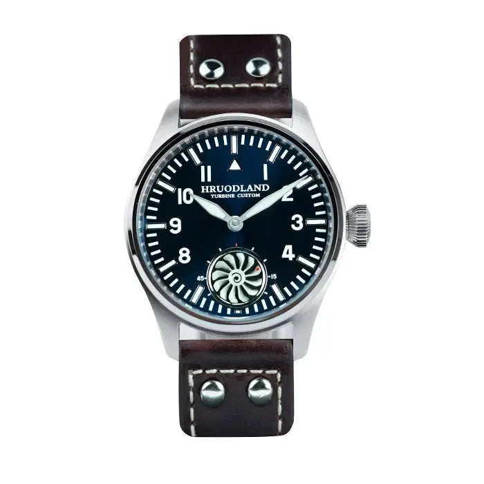 Hruodland Pilot 42mm men's mechanical watch with blue dial, white numerals, and brown leather strap.