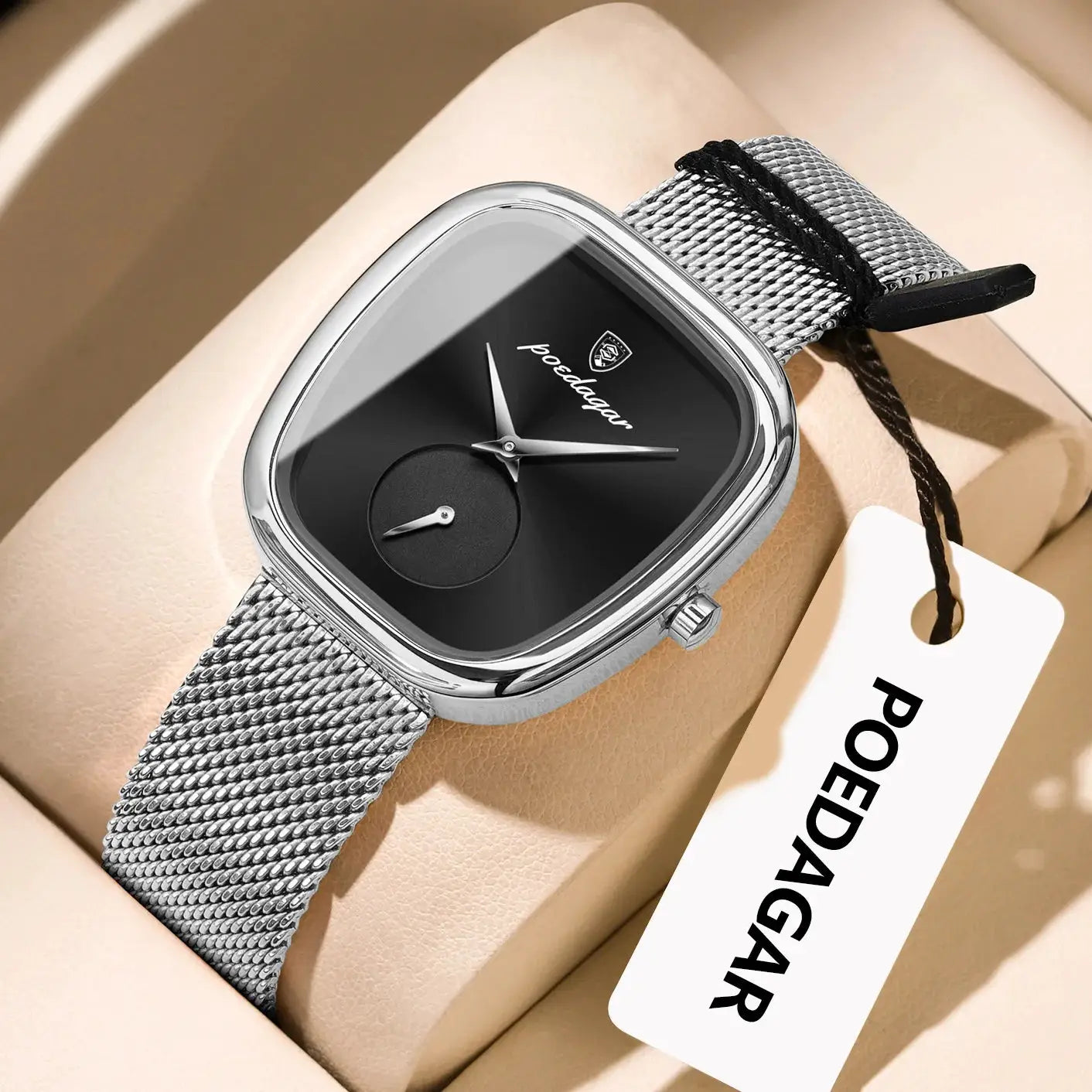 POEDAGAR luxury women's watch with black dial and stainless steel mesh band