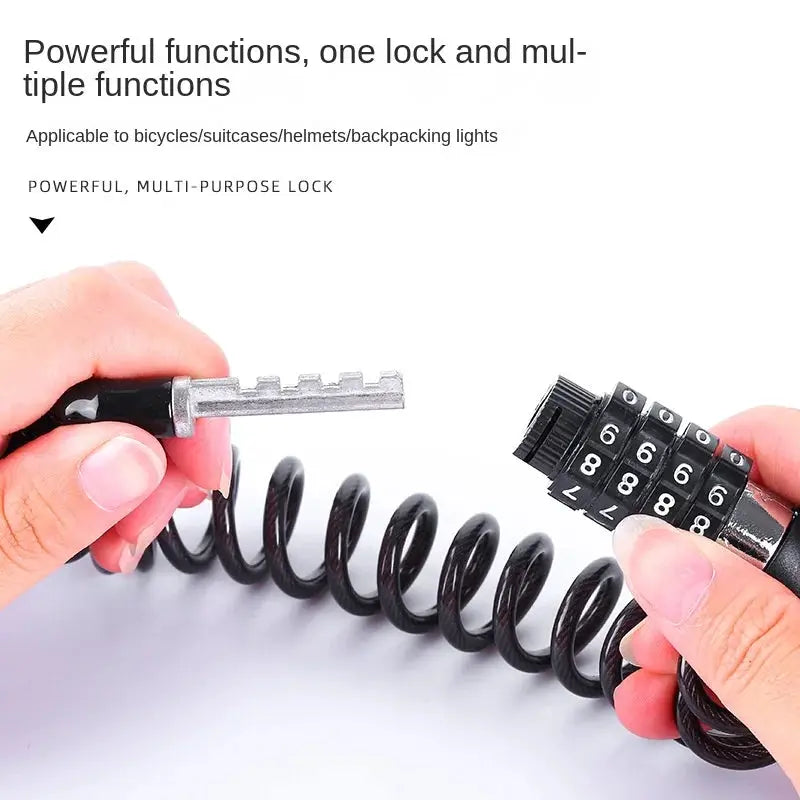 Bicycle lock with steel wire chain, black coiled cable, and multi-digit combination dials