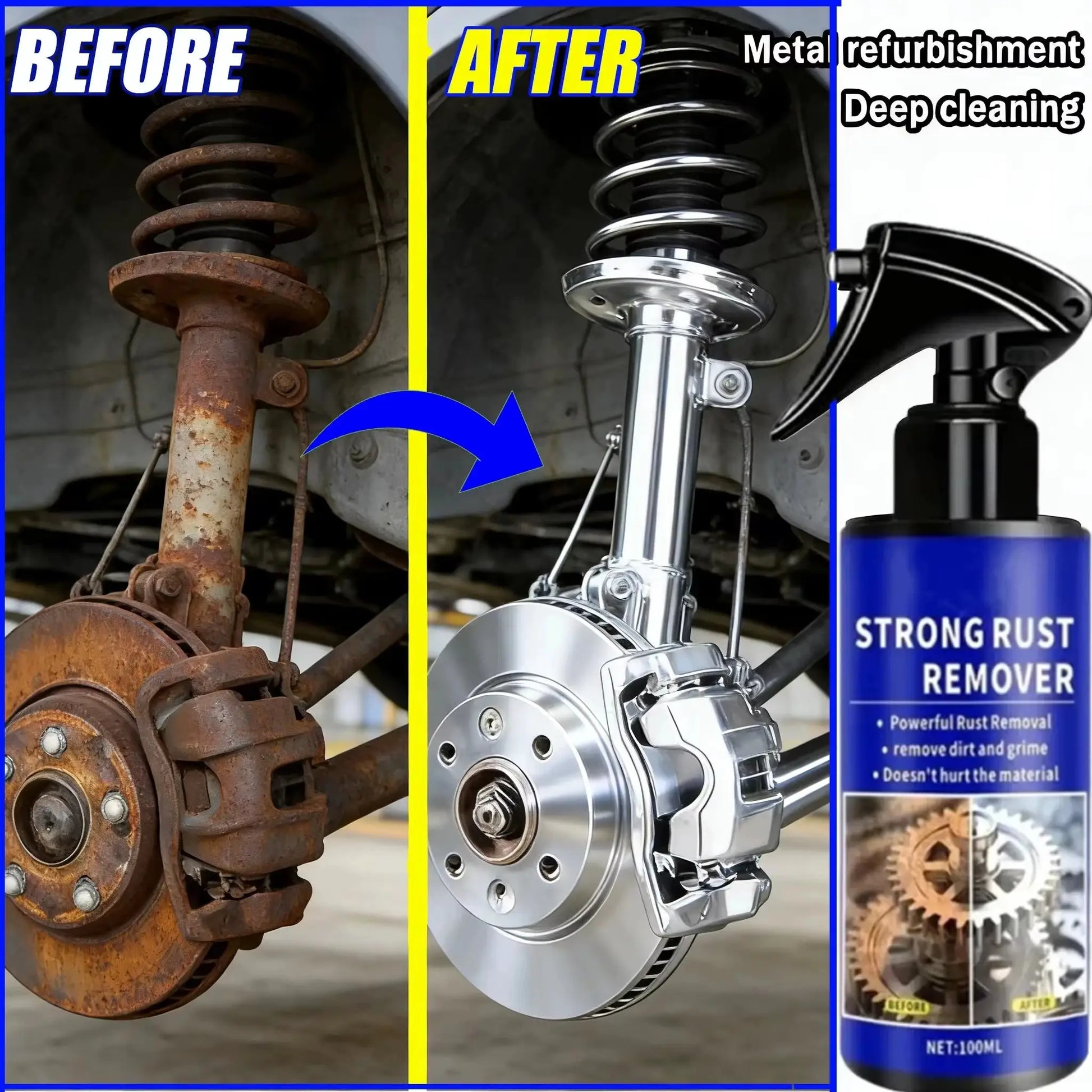 Automotive rust remover spray by Simples Market; blue bottle shown restoring rusty suspension parts.