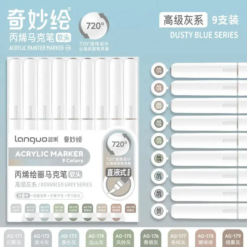9-color acrylic marker set by Simples Market with soft brush nibs, dusty blue series