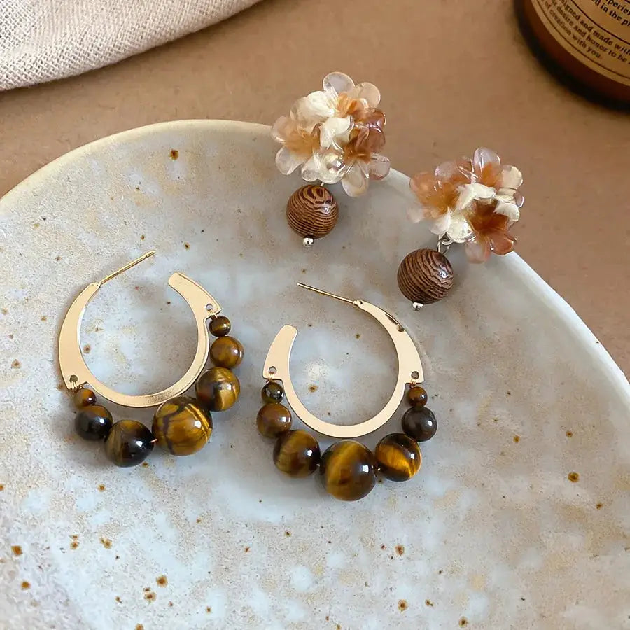 Flower Resin Stud Earrings Brown Vintage Tigers Eye Stone C Shaped Design Women Square Rhinestones Jewelry Daily Wear