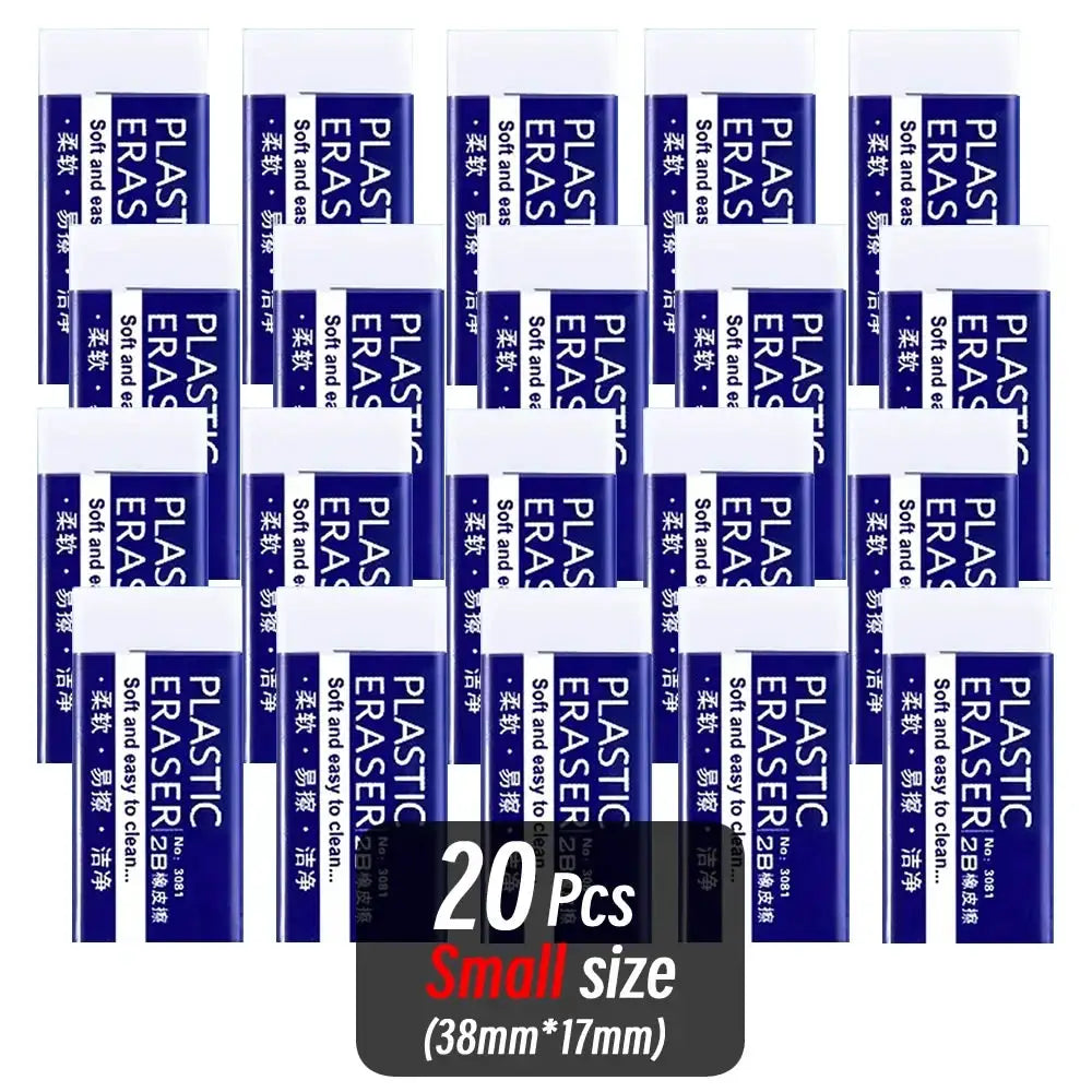 Plastic eraser set, 20 pcs, small size (38mm*17mm), blue and white packaging by Simples Market