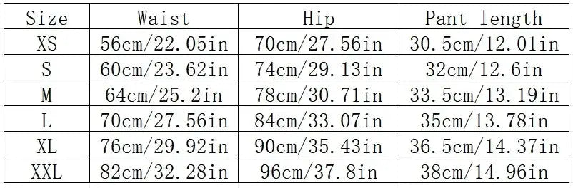 Simples Market high-elasticity women's biker shorts, with size chart (XS-XXL) showing waist and hip measurements.
