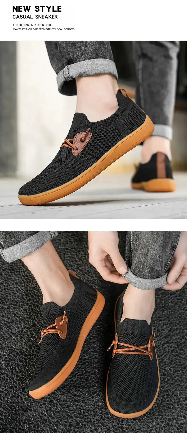 Barefoot casual sneakers for men and women, Simples Market, black knit upper with brown outsole and leather lace
