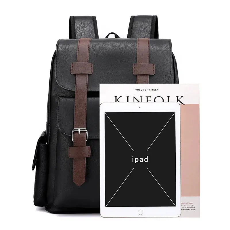 PU leather backpack with brown strap closures, black large laptop backpack for teens.