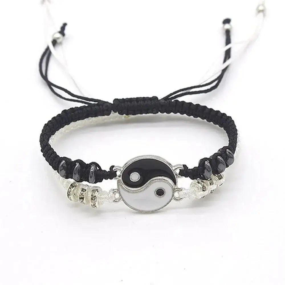 Two Piece Yin Yang Tai Chi Bracelet Set For Couples Rope Chain Adjustable Daily Wear Jewelry Black White