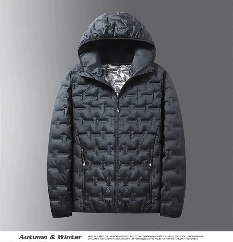 Men's dark gray quilted hooded down jacket with front zipper by Simples Market