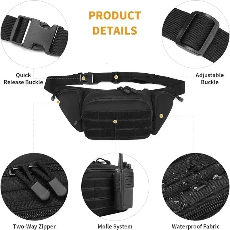 Simples Market tactical waist pack, black nylon fanny bag with MOLLE webbing and waterproof fabric
