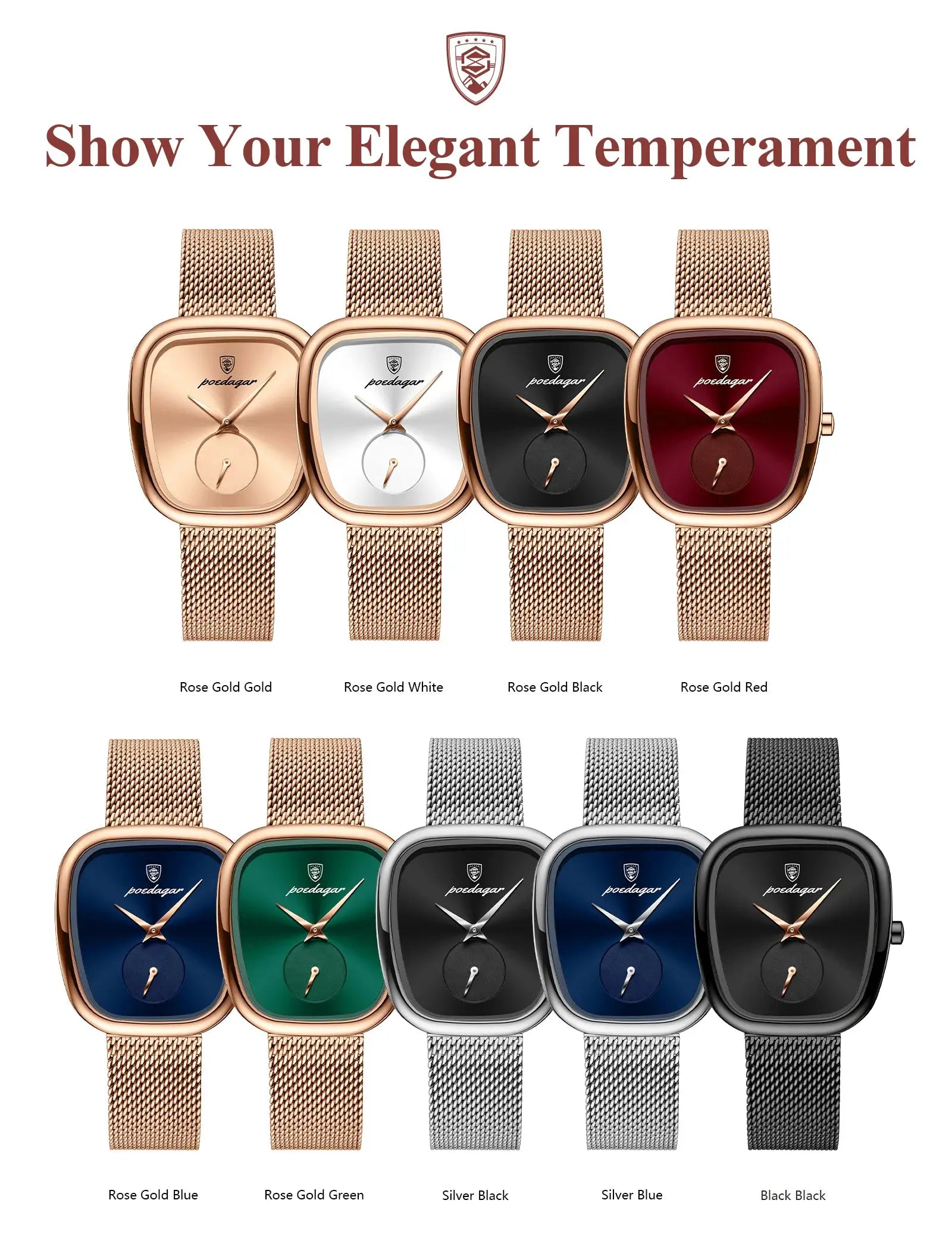 POEDAGAR women's watches; waterproof stainless steel mesh in rose gold, silver, and black tones with 9 color variants