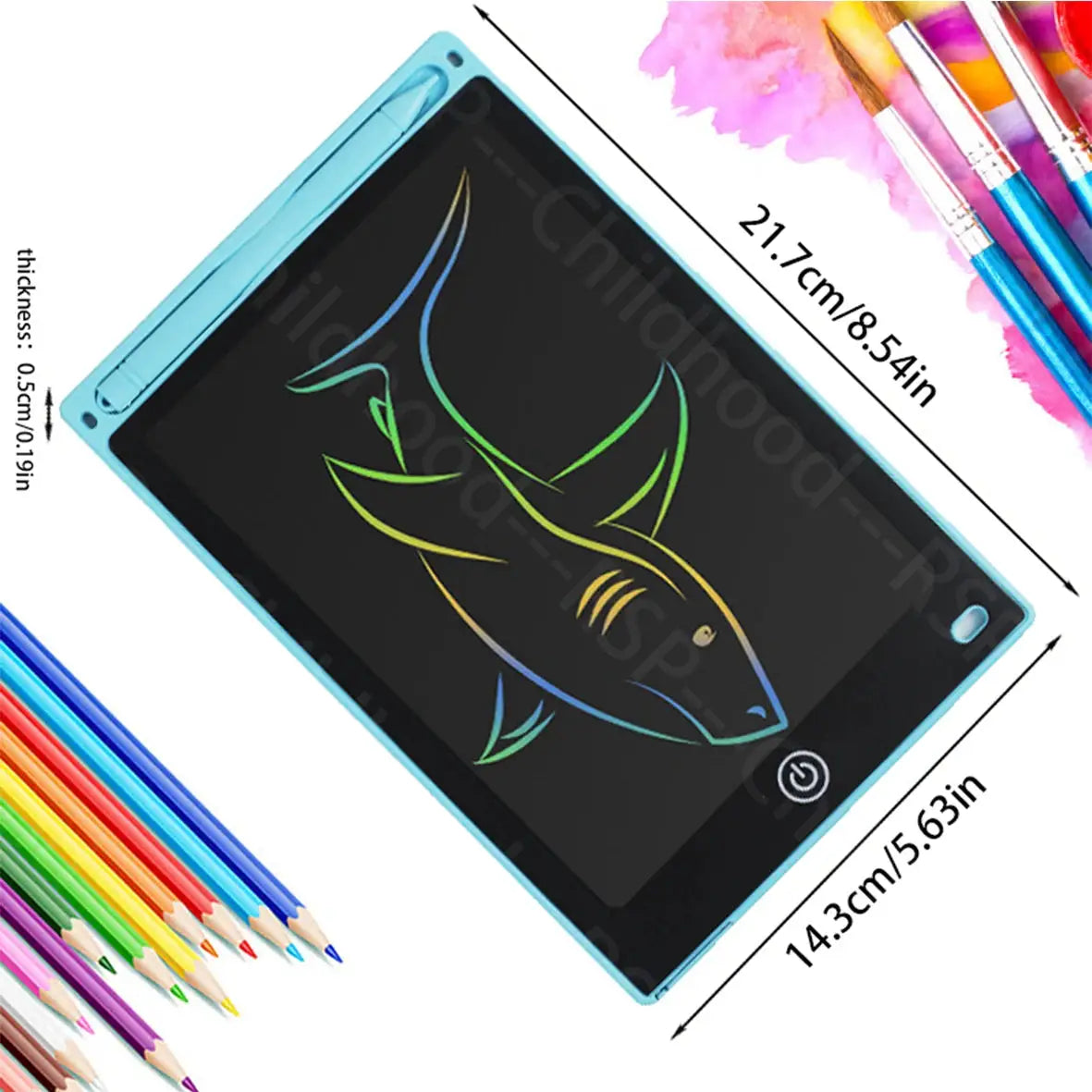 Simples Market 8.5-inch LCD writing tablet with blue frame for kids ages 3–8, displaying a neon fish drawing.